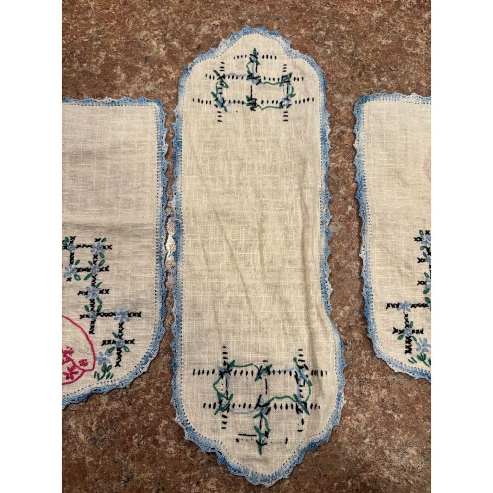 Vintage 3pc Embroidered Linen Set - Southern Belle Pink & Blue